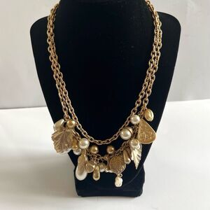 Pearl Gold Tone Dual Chain Charm Necklace